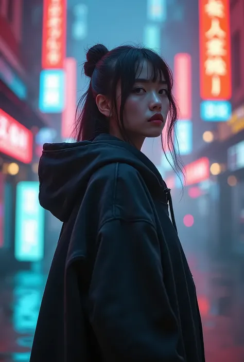 masterpiece, 4k wallpaper, masterpiece sci-fi cyberpunk city, Fantasy Sci-Fi, Neon Illuminated Town , ( theme (  1 girl,  absolute face and body lighting techniques ,  Cyberpunk Town with Neon Glow Light Portals {x} Youth Stylist Oversized Hoodie Wear fash...