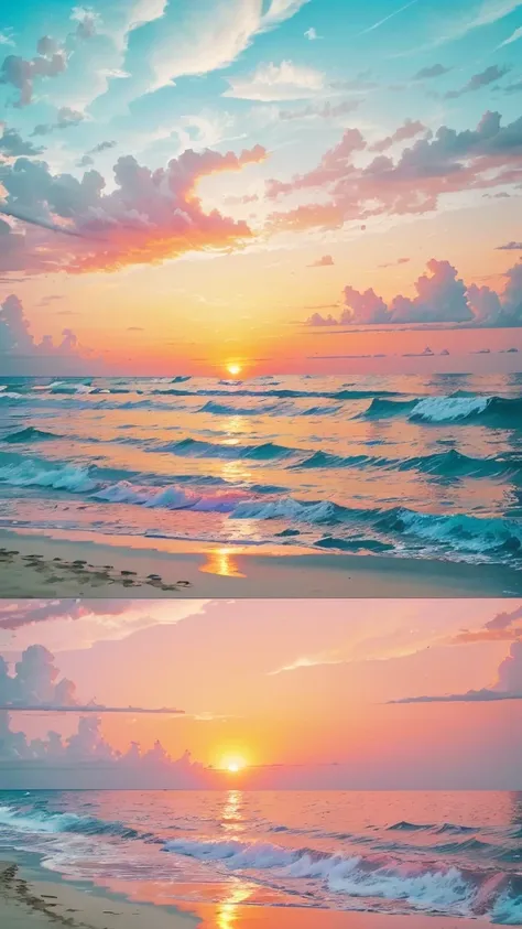  mesmerizing sunsets on the beach mixed with orange, Pink and yellow in the sky .  the water is crystal clear , A gentle kiss on the shore, The white sand beach continues endlessly.  scenes are action-packed and breathtaking ,  seagulls soar high in the sk...