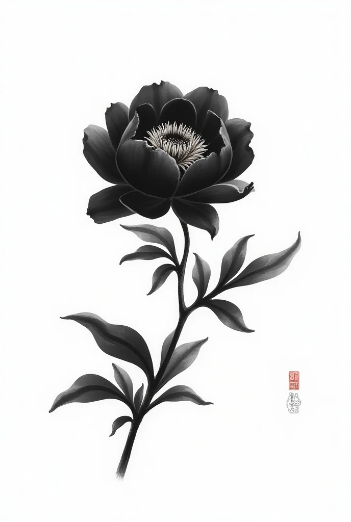 There is a large flower， with leaves on white background , Black peony ,   is inspired by Pratt & Co.  , Chinese painting style,  Inspired by Xie Huan , Intricate ink painting , Inspired by Lu Guang, Inspired by Wang Jian , Inspired by Yun Shouping,  inspi...