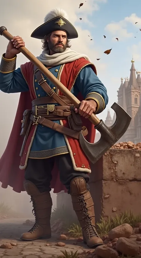 Russian tsar Peter the Great in outfit of XVII century soldier with long handle axe trying to break the wall, white background.