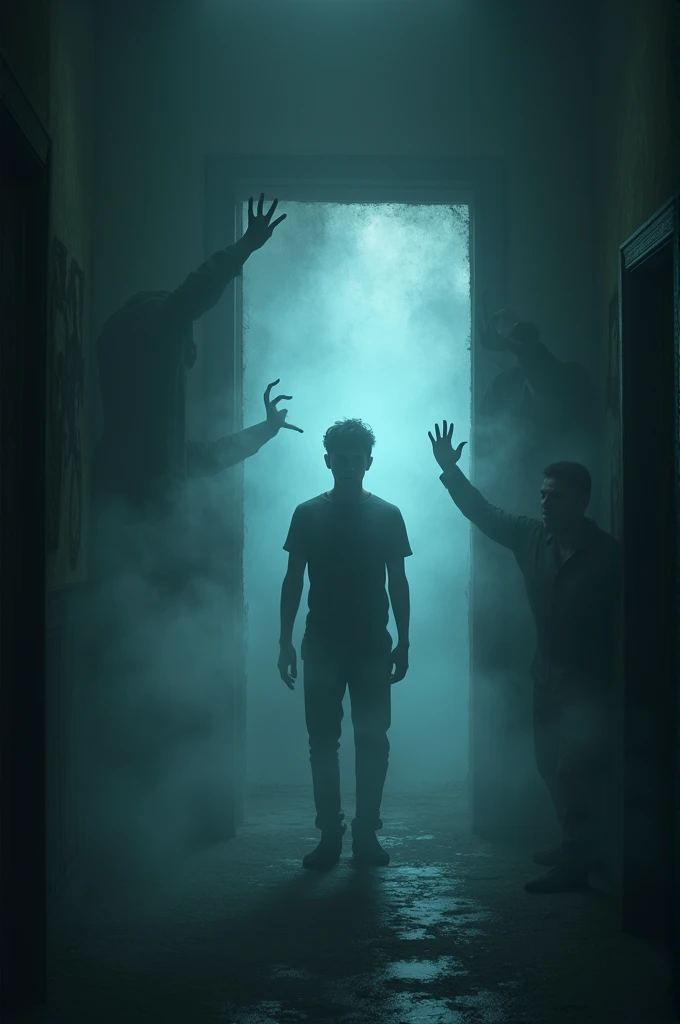 The room is filled with darkness, and there’s an ominous glow in the air. Arun is now surrounded by mist and shadowy figures, his fate sealed. The house appears even more menacing as the woman’s laughter echoes through the walls. Prompt: "A dark, foggy roo...