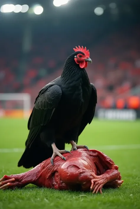 Close-up portrait of a black vulture perched on top of a rooster carcass in the middle of a soccer stadium with a grandstand filled with black and red fans 