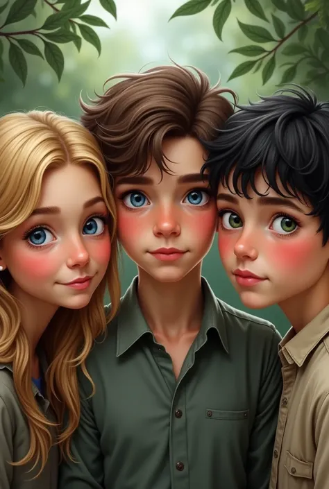 3 brothers . The older sister is  she has blond hair and blue eyes .  The second brother is  he has brown hair with blue eyes .  The younger brother is  and he has black hair with green eyes.