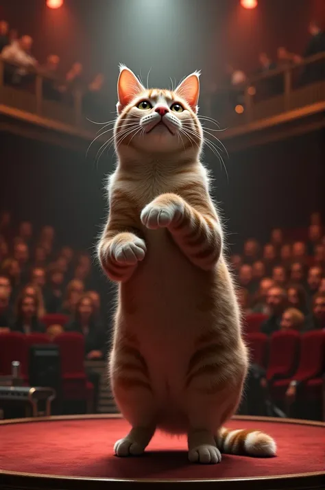 give me an English prompt about a cat that is singing, this cat looks very real, and he is standing as if he is about to sing, everything is visible from head to toe, he looks professional like a real singer, the background is like on a music stage, show m...