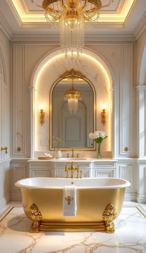 Generate an image of a breathtaking spa-like bathroom. The central focus is a large, freestanding golden bathtub with clawed feet, set against a marble wall with golden veins. The ceiling is vaulted, featuring a chandelier with hanging crystals and gold fi...