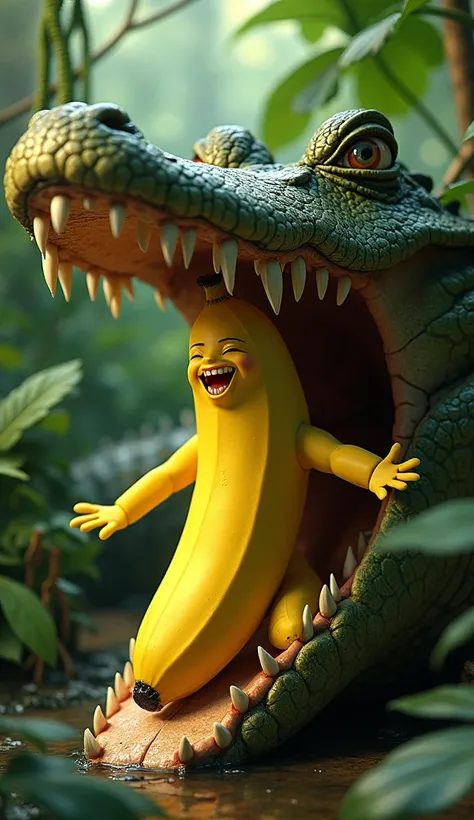 A banana dances in the mouth of a crocodile against the background of the jungle and looks right at you in close-up.