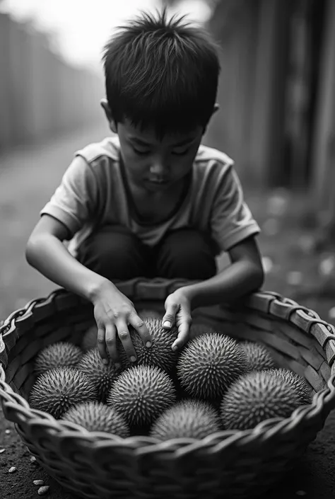 Without colour A boy filling durians in the basket 