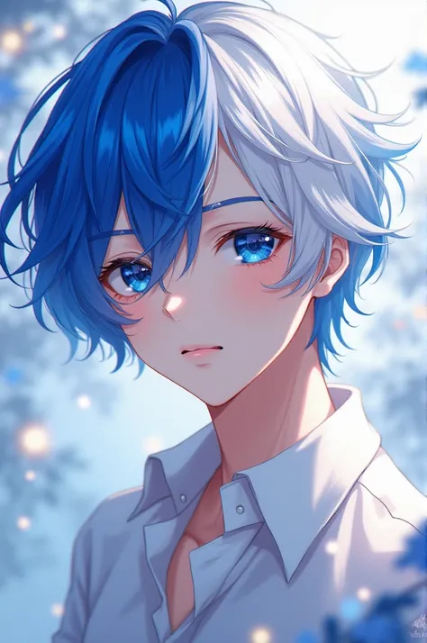 A male shoujo anime character with royal blue and platinum white hair