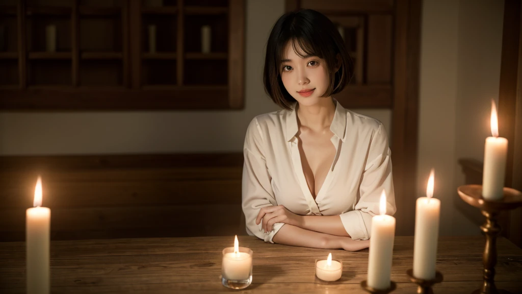  top quality， masterpiece，  ultra-high resolution ， （In reality：1.5），  RAW photographers lovely ， 밤의 어둠 속 에서，Correct posture, dark shade， low song， cold light，  A sexy smile ，white blouse ,big breasts, Bob cut,1 candle , in the dark of the night {x} puttin...