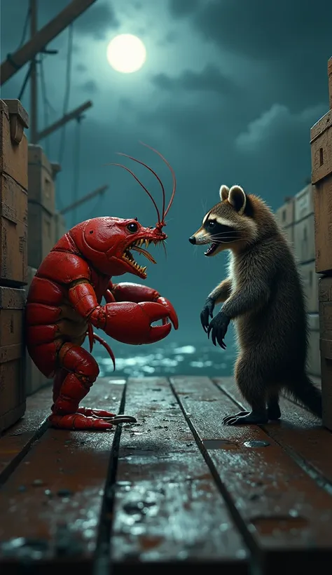 Create an image capturing a heated standoff between an angry lobster and a fierce raccoon, both facing each other with intense, hostile expressions. The lobster should have its claws raised and open, ready for defense, while the raccoon stands on its hind ...