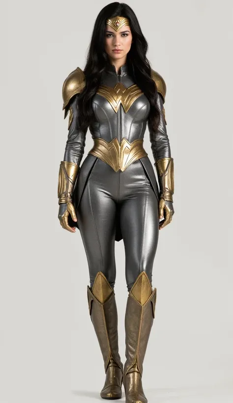 DC, Wonder Woman, aged 25, long black hair, white skin, leather silver, and gold high-neckline full-sleeve suit, full sleeve leather silver suit, gold accents, gold sharp pauldrons, fitted leather full-gold breastplate, silver knife-pleated leather skirt, ...