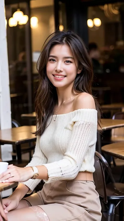 a beautiful young woman with long reddish-brown hair smiles warmly while sitting in a cozy modern cafe. she is dressed in a deli...