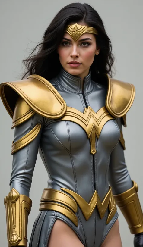 DC, Wonder Woman, aged 25, long black hair, white skin, leather silver, and gold high-neckline full-sleeve suit, full sleeve leather silver suit, gold accents, gold sharp pauldrons, fitted leather full-gold breastplate, silver knife-pleated leather skirt, ...