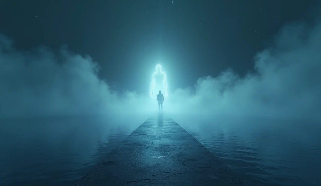  Create with a panoramic view an ocean where there is fog above it and that you can see the dark sky, That in the distance you can see the silhouette of a transparent man shrouded in light 