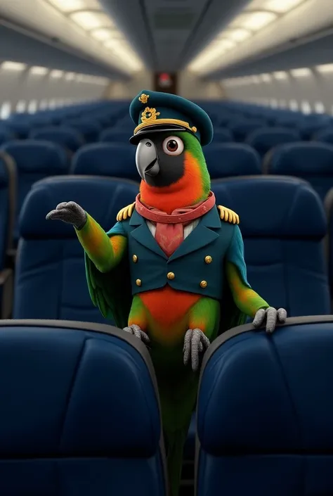 A parrot is sitting on a plane seat, pressing the call button. It is wearing clothes.

