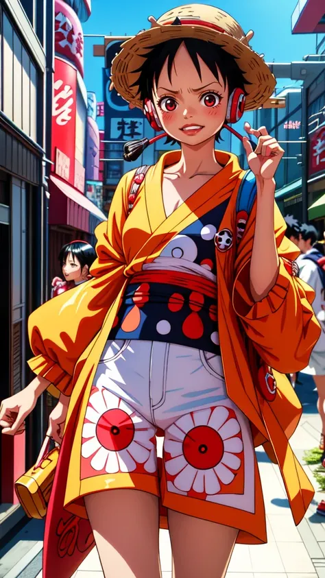 Luffy , one piece, luffy face ,Pixiv, hyper detailed, harajuku fasion, futuristic fashion, anime girl, headphone, colorful reflective fabric inner, transparent PVC jacket, in tokyo city center --ar9:16 --niji 5