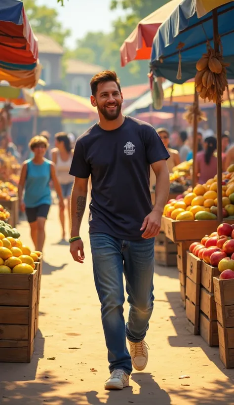 Illustrate Lionel Messi casually walking into a lively fruit market area filled with colorful stalls. He is dressed in a relaxed outfit, like a simple T-shirt and jeans, with a curious and friendly expression on his face. The market is bustling with activi...