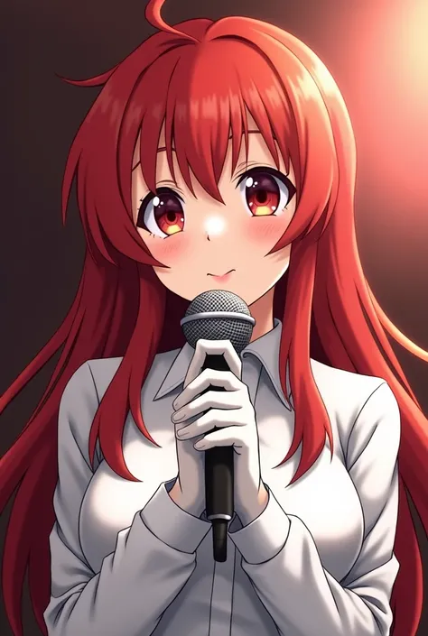 Chica anime with red hair and white shirt holding a microphone, rias gremory, Con el dedo índice, gothic maiden Chica anime, seductive Chica anime, coletas blancas_guantes, ( ( ( yoshinari yoh ) ) ), gapmoe yandere, (Chica anime), personaje de anime femeni...