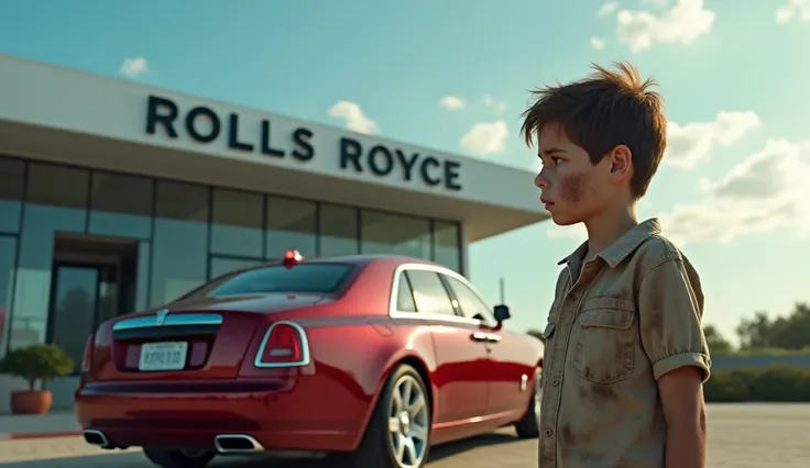 Create a striking image showing a young, rugged boy with a dirty face and worn-out clothing standing in front of a modern Rolls-Royce showroom building. Next to him, there’s a luxury red Rolls-Royce car with a polished and gleaming exterior. The sky is a b...