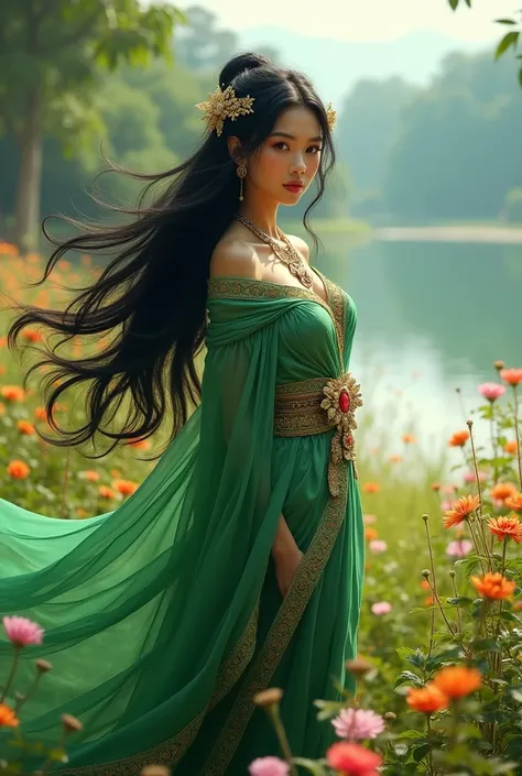 beautiful ancient indonesian goddess, black hair, big breasted wear green chiffon scarf, At the beautiful meadow with colorful flowers at the beautiful laakeside. look at the viewers,