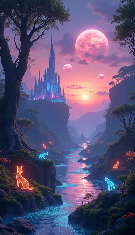 "Imagine a world of floating islands and magical forests illuminated by bioluminescent plants. The sky is filled with enormous, colorful planets that glow against a vivid purple and orange sunset. Huge, ancient trees with twisting roots cover the land, and...