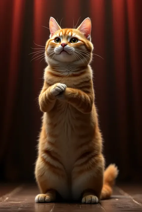 give me an English prompt about a cat that is singing, this cat looks very real, and he is standing as if he is about to sing, everything is visible from head to toe, he looks professional like a real singer, the background is like on a music stage, show m...