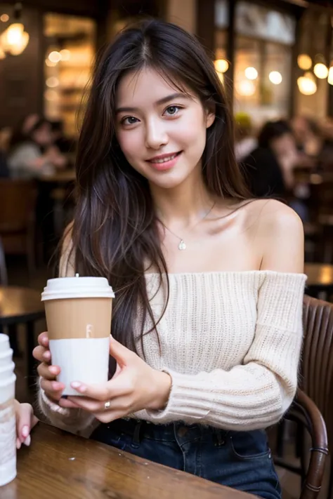 a beautiful young woman with long reddish-brown hair smiles warmly while sitting in a cozy modern cafe. she is dressed in a deli...