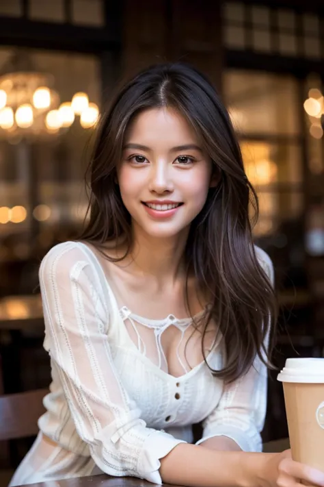 a beautiful young woman with long reddish-brown hair smiles warmly while sitting in a cozy modern cafe. she is dressed in a deli...