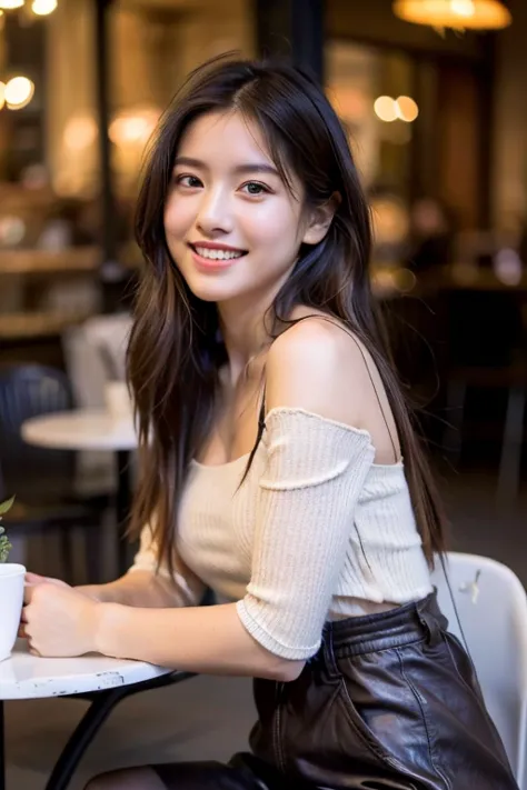 a beautiful young woman with long reddish-brown hair smiles warmly while sitting in a cozy modern cafe. she is dressed in a deli...