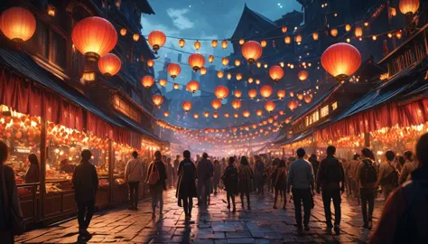 a crowd of people silhouettes, countless lanterns floating in the night sky, vibrant colors, romantic night,(best quality,4k,8k,...