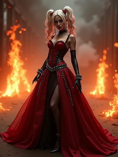 harley quinn, red and black wedding dress, fire in background