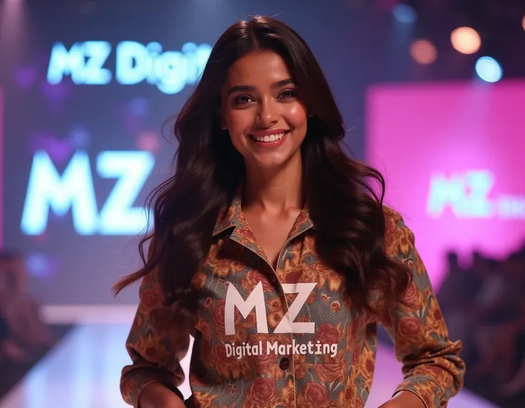 Pakistani realistic beautiful cute 18 years old fair skin looking down model fashionable stylish attitude big smile dimpal wearing a pan shirt with MZ DIGITAL MARKETING AGENCY written on the shirt Runway model Running MZ Digital Marketing is written all ov...