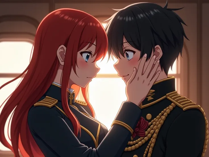 A red-haired, blue-eyed girl in a military lieutenants outfit looking face to face with a boy with black hair and gray eyes who wears a colonels costume and has his hand on her cheek theyre in a cabin theyre seeing each other 