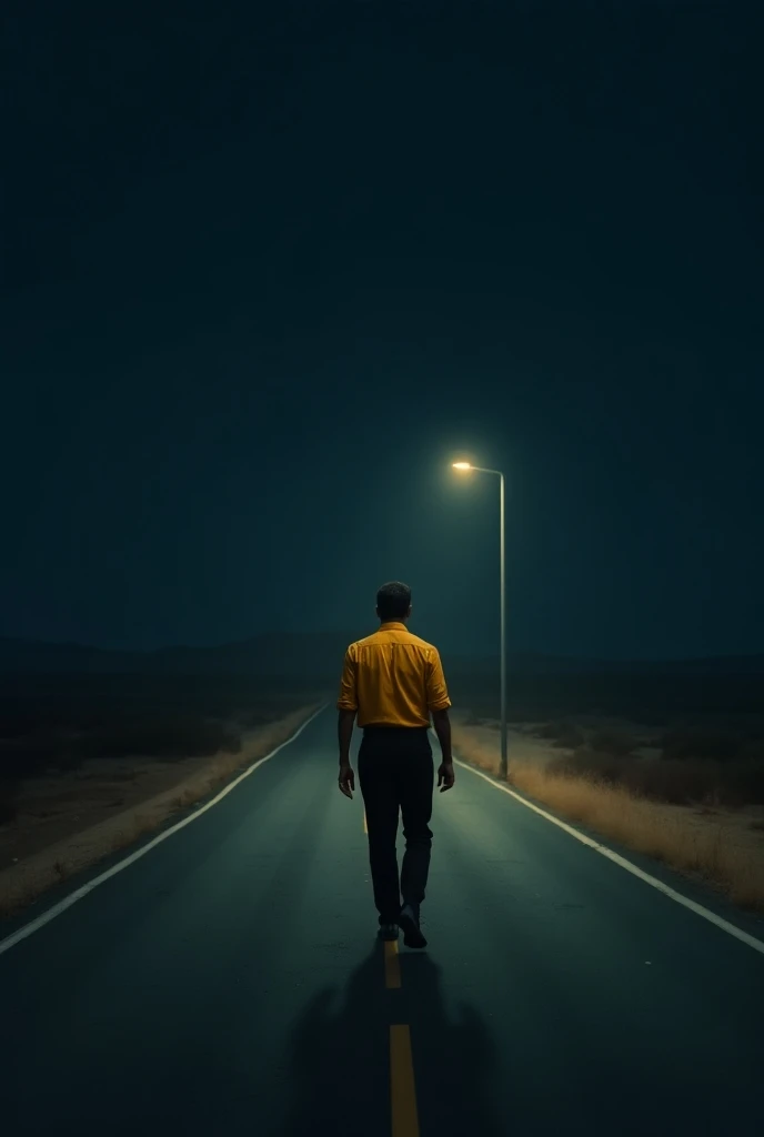 One Indian man wearing yellow shirt black pant and walking deserted road at night 