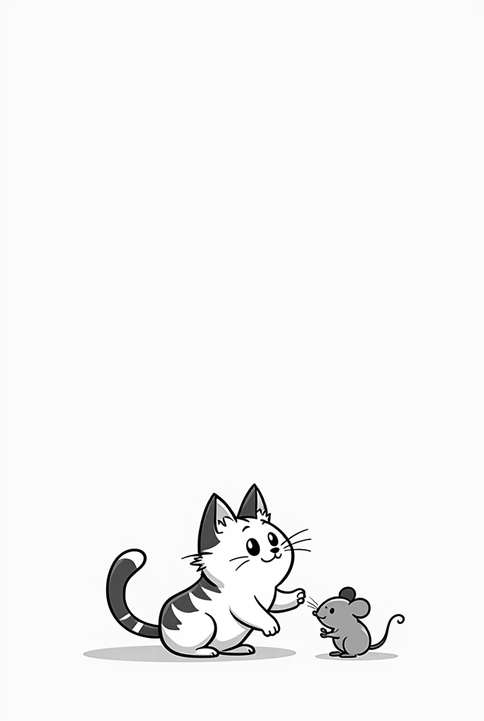 black and white cute cat cartoon playing with a mouse
