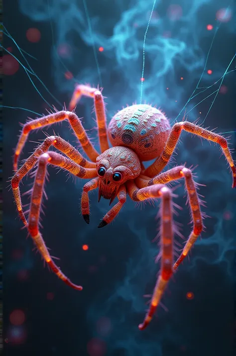 "A surreal, otherworldly spider weaving intricate, glowing webs that seem to defy the laws of nature. The spider’s body is a blend of organic and abstract, with a shimmering, translucent texture. The webs have vibrant, neon colors that pulse with energy, r...