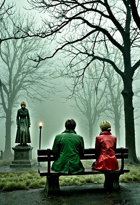 In the eerie, fog-shrouded atmosphere of Silent Hill 2, a man in a green jacket and a woman in a red jacket sit together on a worn, creaky bench, gazing at an statue in front of them. The statue holding a candle, its casting haunting shadows across its wea...