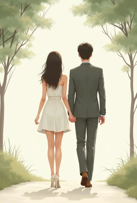 Create a illustrations: The girl was wearing a simple, elegant short white dress, and high heels, her hair was straight and shoulder length. A man wear suit is walking behind her and look at her back. They are walking straight in the same direction and can...