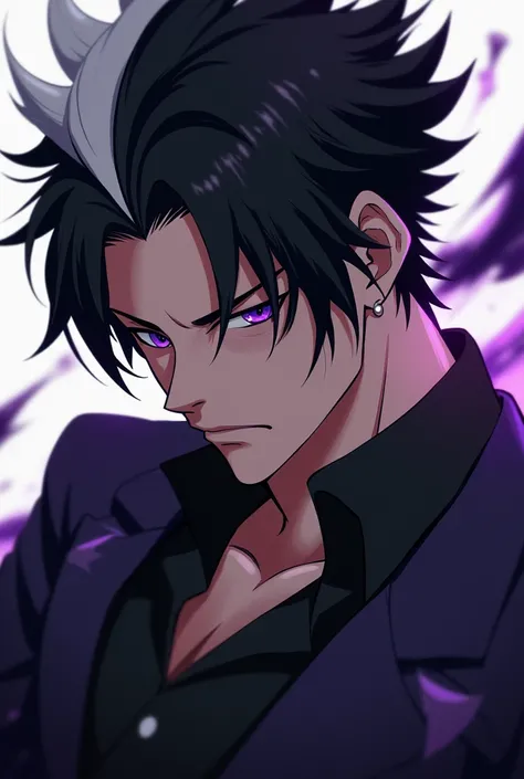 Male sharp facial features black hair with a white streak purple eyes 