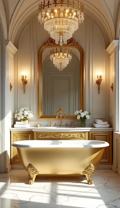 Generate an image of an ultra-luxurious spa-like bathroom in a grand mansion. The bathroom features a large, freestanding golden bathtub with clawed feet, positioned elegantly against a marble wall veined with gold. The vaulted ceiling boasts an opulent ch...