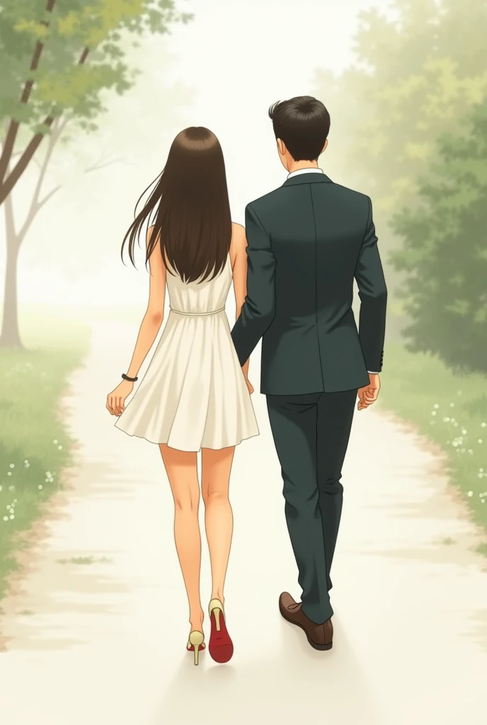 Create a illustrations: The girl was wearing a simple, elegant short white dress, and high heels, her hair was straight and shoulder length. A man wear suit is walking behind her and look at her back. They are walking straight in the same direction and can...