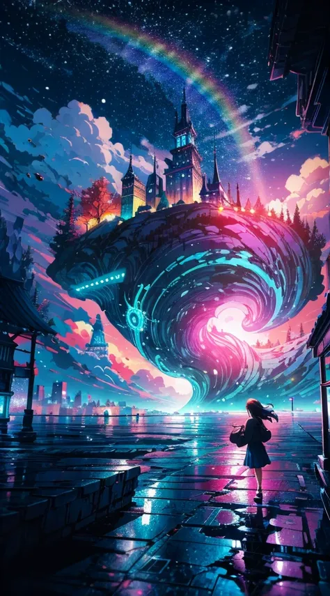 Anime girl standing in a big city and watching the rainbow sky,City of the near future、 makoto shinkai cyril rolando,  Anime Art Wallpaper 4K,  Anime Art Wallpaper 4K, anime art wallpaper 8k,  inspired by Cyril Rolando ,  Earthbound 2  ,  amazing wallpaper...