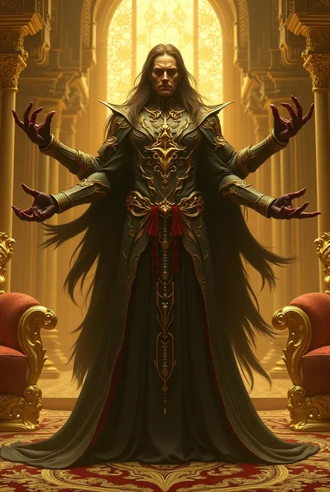 Draw an extremely narcissistic, egotistical, sadistic and ruthless, four-armed, rich, characterless sorcerer king. This king should have a golden palace and furniture, his hair should be a little long and he should not have one eye.