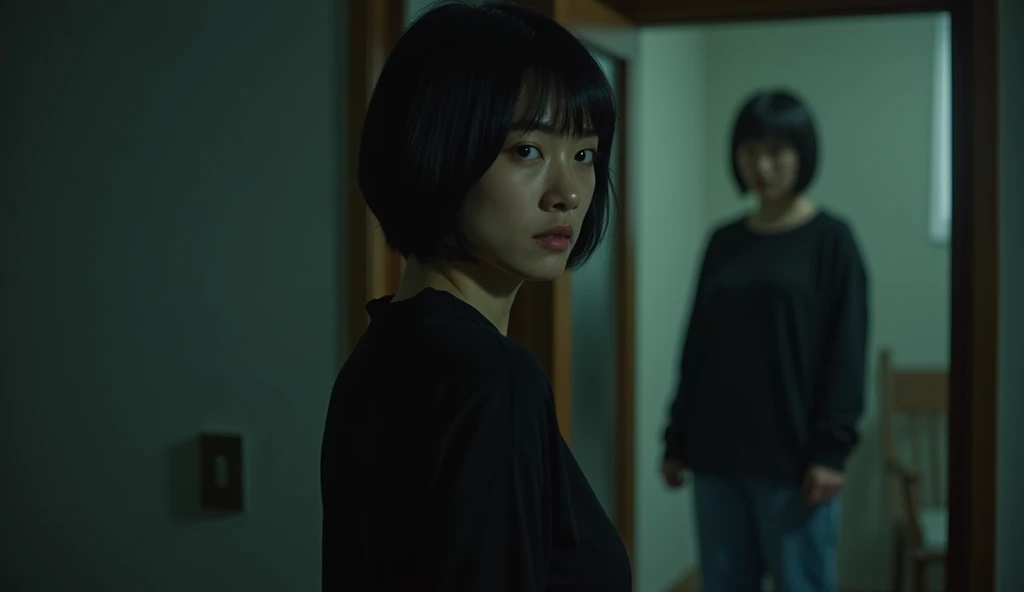  creates a very realistic photo，HD，8k quality， A 25-year-old young girl ， looks like a movie star Harumi Sato，Looks sharp and mean ，Wearing a black shirt ，jeans， short black hair 。 standing in the room reproaching the opposite girl ， from an outside window...