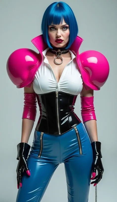 angelina jolie, vue de dos, latex brillant, dominatrice, chemisier en latex blanc, serre taille latex noir, costume pantalon en latex bleu avec zip entre les fesses, ceinture latex noir, futuriste veste courte en latex rose fluo, larges épaulettes en latex...