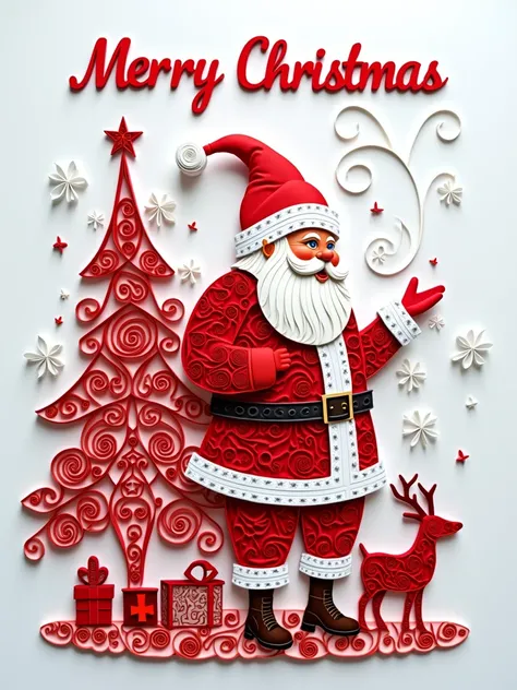 paper quilling design of various different colors such as red and white with Surreal Collage technique displayed, Abstract silhouette stencil art of Santa Claus caricature with full outfit, high quality, 8K Ultra HD, the silhouette of Santa Claus and his C...