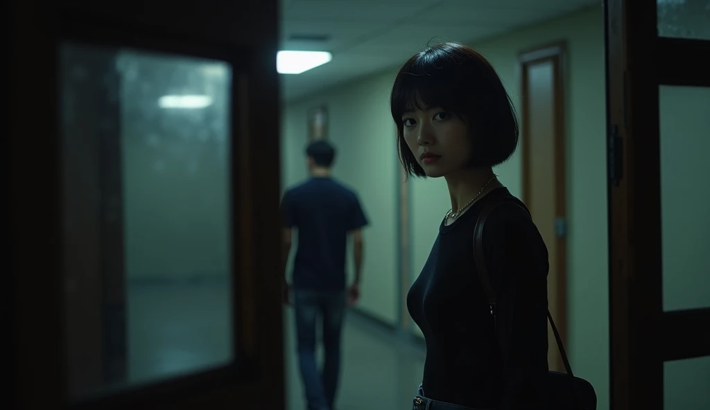  creates a very realistic photo，HD，8k quality， A 25-year-old young girl ， looks like a movie star Harumi Sato，Looks sharp and mean ，Wearing a black shirt ，jeans， short black hair 。 standing in the room reproaching the opposite girl ， from an outside window...