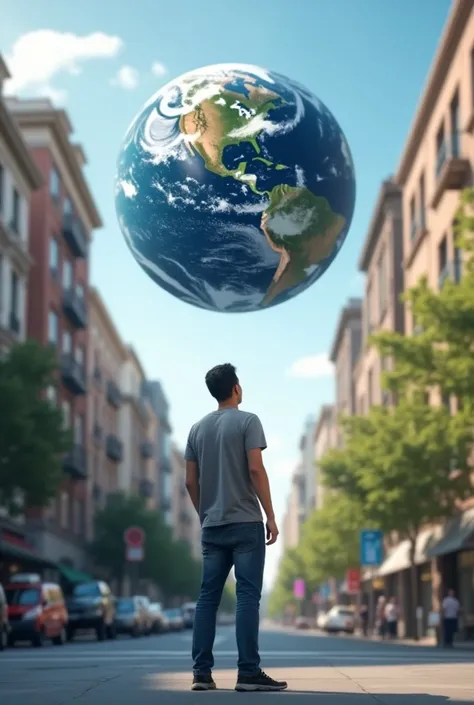 Generate a high-resolution image of a man in casual clothes on a city street looking up and in the sky its the Earth right next to the boy.