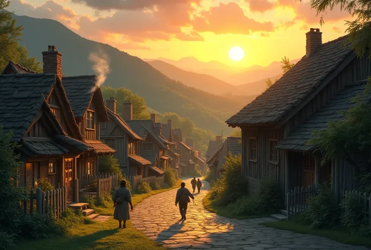 The Quiet Village at Sunset: A small, traditional village as the sun sets, casting an orange glow that slowly fades. Villagers are hurriedly closing doors and windows, preparing to stay inside as night approaches.
