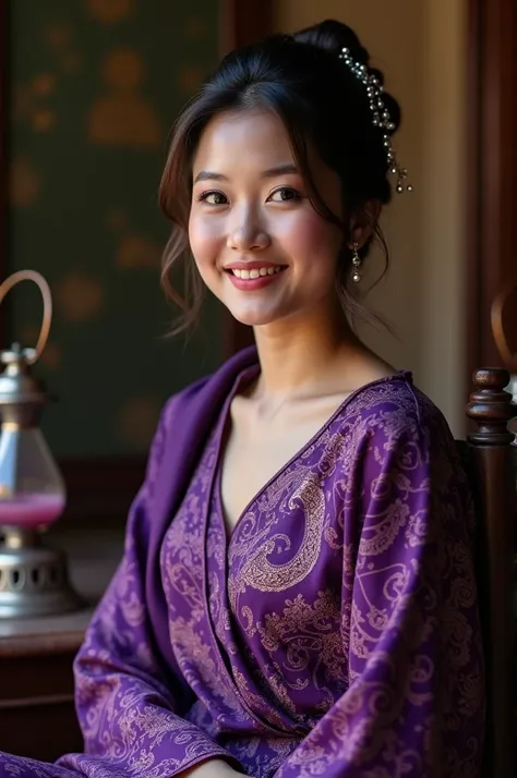  photography of a beautiful Indonesian woman wearing a purple cirebon kebaya with a Mega Cloudy motif,wearing a batik shawl on the shoulder , hair wrapped with silver konde skewers , sitting on a wooden chair with an oil lamp  . face facing forward, She sm...